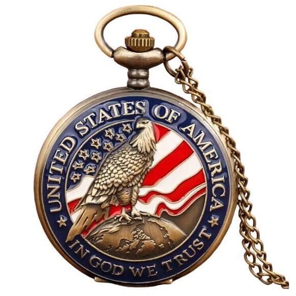 Bronze Pocket Watch • Enameled United States Eagle & Flag • ‘In God We Trust’ - Picture 6 of 9
